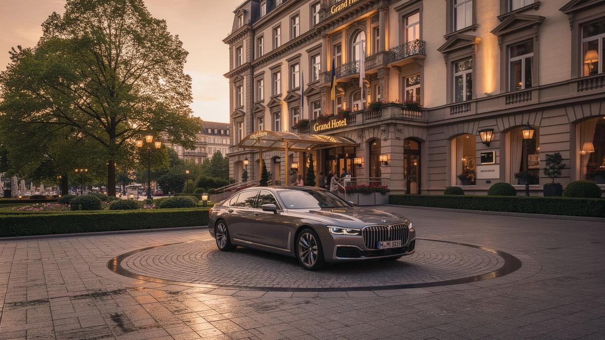 Luxusfahrzeug vor einem eleganten Hotel in deutscher Landschaft